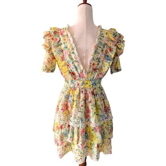 LoveShackFancy Aldina Ditsy Floral Ruffle‎ Mini Dress Lace Trim Size S - Picture 4 of 7